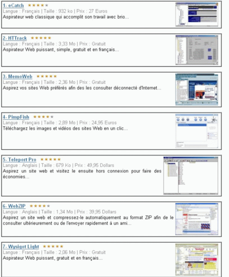Logiciels permettant d'aspirer des sites web (liste issue du site : http://www.pcastuces.com/logitheque/categorie.asp?num=41&page=1, consulté le 9.05.08